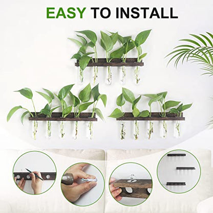 Wall Hanging Plant Propagation Station 15 Glass Test Tubes - Brown | 3 Tiered Vase Planter for Hydroponic Home Garden Office Decor, Gardening Gifts for Women Plant Lover - size: 3 Tiers - 15 Vases