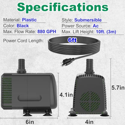 Submersible Water Pump 880GPH Pond Pump for Fountains | 10ft Lift, 9.8ft Power Cord, Ultra Quiet, Over Heating Protection for Pond, Fountain, Hydroponic, waterfall, Aquarium - size: 880GPH fixed flow