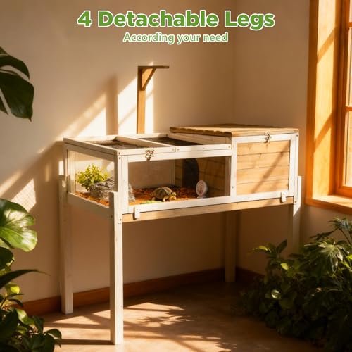 Standing Tortoise Habitat with Lamp Holder in Indoor & Outdoor, Wooden Turtle Enclosure Table with Detachable Legs, Leakproof Tray, Openable Roof for Tortle, Lizard, Chameleon, Grey