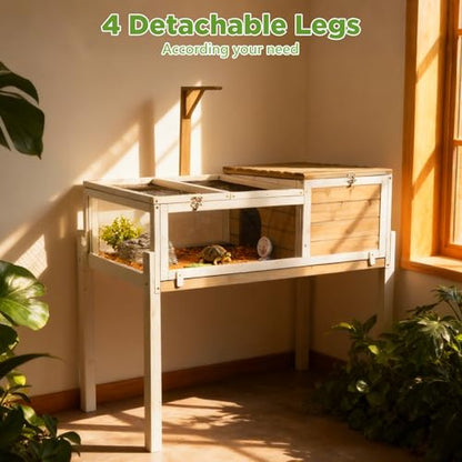 Standing Tortoise Habitat with Lamp Holder in Indoor & Outdoor, Wooden Turtle Enclosure Table with Detachable Legs, Leakproof Tray, Openable Roof for Tortle, Lizard, Chameleon, Grey