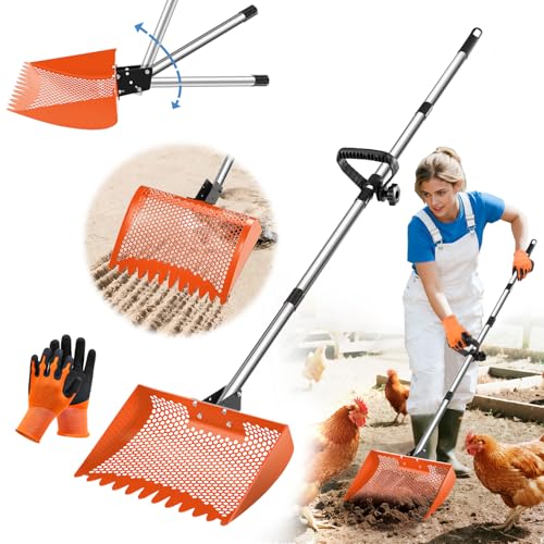 12inch Chicken Poop Scooper & Rake 2-in-1 with Adjustable Handle | Heavy Duty Metal Chicken Coop Scoop for Sand, Adjustable Angle Stainless Steel Chicken Coop Rake Sifting Shovel 37-64",Orange - color: Orange