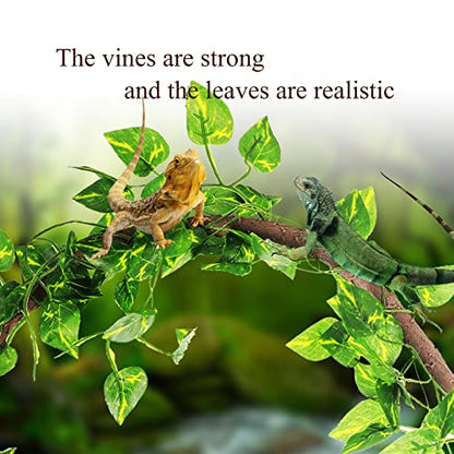 Canlierr 4 Pcs Reptile Vines, Flexible Bendable Jungle Climbing Vine Terrarium, Fake Plants for Reptiles, Artificial Leaves Terrarium Tank Pet Habitat Decor for Bearded Dragons, Lizard, Snake, Gecko