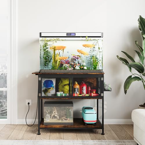 40-55 Gallon Fish Tank Stand , Heavy Duty Aquarium Stand with Cabinet Storage Fish Tank Accessories, Large Reptile Terrarium Tank Table with Power Outlets,Vintage Brown