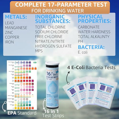 17 in 1 Water Testing Kits for Drinking Water, 100 Strips + 4 Bacteria Tests, Tap and Well Water Test Kit Easy to Test and Read for Hardness, Lead, Iron, pH, Copper, Bacteria and More
