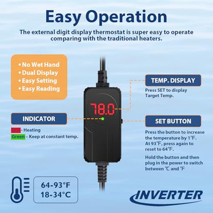 AquaMiracle Submersible Aquarium Heater with LED Digital Temp Display, Fish Tank Heater with Dry-Run & Over-Temp Protection, for Freshwater Saltwater Aquariums(200W/20-40Gal) - size: For 20-40 Gal Tank