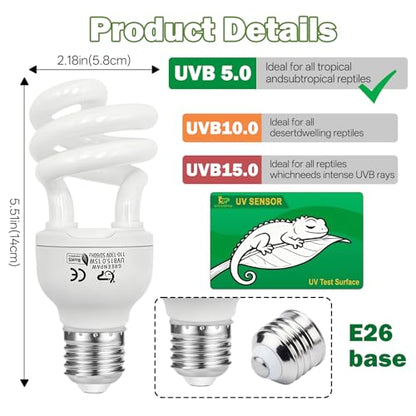 UVB Light for Reptiles 5.0: 15W UVA UVB Reptile Light Bulb 2 Pack, Tropical Reptile UVB Bulb Compact Fluorescent Terrarium Lamp,UVB Light Bulb for Chameleon Turtle Gecko Include UV Sensor Card - size: 5.5INCH-5.0
