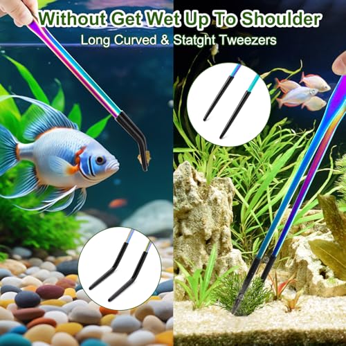 OLIISS Iridescent Reptile Feeding Tongs with Rubber Tips, 10.6", 2 Pack | Straight & Curved, Stainless Steel, Secure Grip, Feeder Tools for Bearded Dragons, Geckos & Lizards, Terrarium Tank Supplies - size: 10.6 Inch