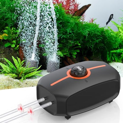 hygger Powerful Aquarium Air Pump, 3.5W/4.5W Ultra Quiet Fish Tank Air Pump Dual Outlet, Adjustable Oxygen Aerator Pump with Air Stone, Aquarium Bubbler for Fish Tank Up to 100-200 Gallon - size: L-(Up to 200 Gallon)