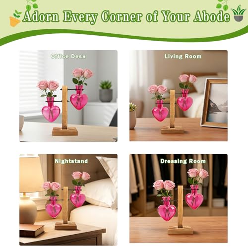 XXXFLOWER Plant Propagation Station Terrarium 2 Pink Heart Shaped Vase | Terrarium Kit Bulb Glass Metal Desk Plant Holder, Retro Air Plants Water Plants, Home Office Decoration - color: Pink