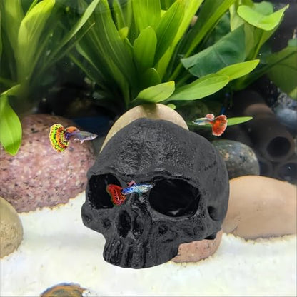 Aquarium Terrarium Skull Decor, Reptile Hide House Shelter Cave for Geckos Spider Lizard Snake, Fish Tank Hide Cave House Hideouts Stones for Small Fish Shrimp Betta Crab Guppy Cichlids (Black)