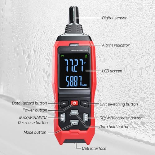Humidity and Temperature Meter Data Logger Digital Psychrometer HVAC, Wet Bulb Thermometer Record 4000pcs Data and Export, Large LCD Humidity Tester Dew Point Meter with Indicator and Buzzer Alarm