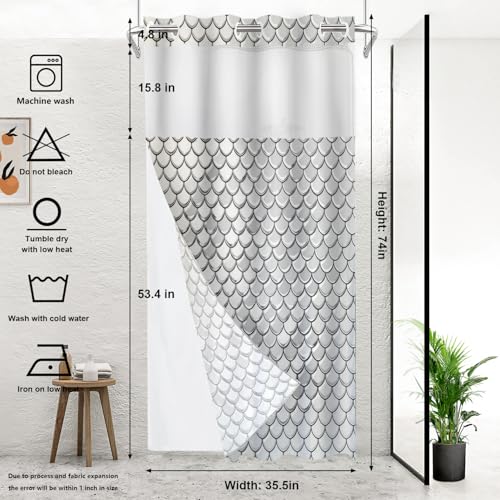 Snake Scale No Hooks Shower Curtain with Snap in Liner Set, Gray Fish Scale Pattern Tub Curtainn Mesh Top Window & Magnetic Hem Waterproof 35.5X74 Inch - color: Snake Scale 1 White03, size: 35.4"W x 74"L (Pack of 1)
