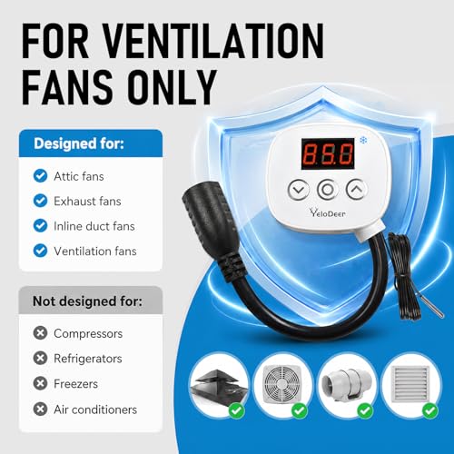 Attic Fan Thermostat, 120V Digital Cooling Temperature Controller | 0–10H Timer, Plug-in Exhaust Fan Temperature Controlled Outlet for Greenhouse, Workshop, Garage