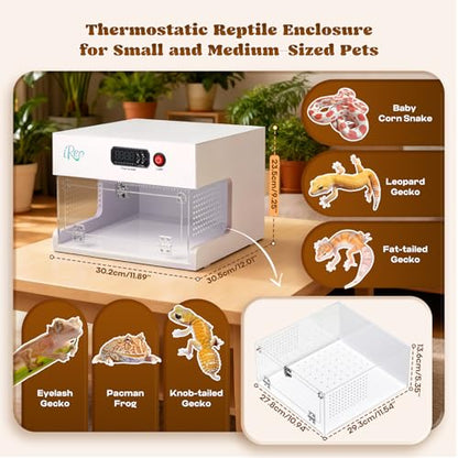 Moongiantgo Thermostat-Controlled Reptile Enclosure 11.89x12.01x9.25 Inch | Detachable Leopard Gecko Tank Heating Habitat, Front Opening Acrylic Terrarium for Crested Gecko, Small Pets, Air Flow&Latch