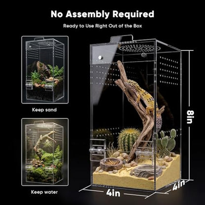 4"×4"×8" Ready-to-Use Acrylic Jumping Spider Enclosure No Assembly Needed | 360° Ventilation, Mini Reptile Terrarium for Jumping Spider, Mantis, Snail – Ideal for Desk, Living Room & Bedroom