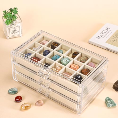 CLUQMEIK Acrylic Rock Collection Display Case with 54 Grids Storage Compartments Rock Collection Boxes Display Organizer Collection Storage Display Cases for Collectibles Crystal /Rock（Beige） - size: Beige