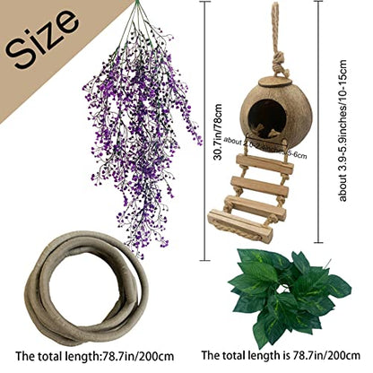 Crested Gecko Coconut Hut with Ladder,Bearded Dragon Coco Den Reptile Shell Hideout Husk Hut Climbing Plants Leaves Tank Accessories for Lizard Chameleon Snakes