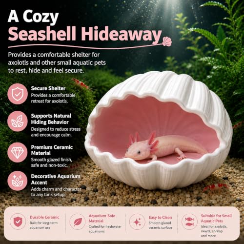 Ceramic Axolotl Hide Cave Hideout Tank Accessories Aquarium Decor for Pets | Hollow shaded resting spot、Weighted base, stays put、Fade-resistant glaze finish - size: Small