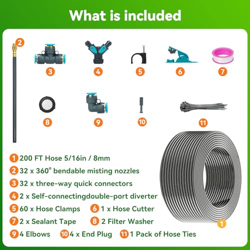 360°Adjustable Drip Irrigation System,200FT Irrigation System for Garden | 32 Copper Nozzles,141Pcs Automatic Misting Sprinkler,5/16"Tubing, Ideal for Raised Bed,Patio, Lawn, and Yard Care Projects - size: 200Ft
