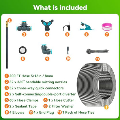 360°Adjustable Drip Irrigation System,200FT Irrigation System for Garden | 32 Copper Nozzles,141Pcs Automatic Misting Sprinkler,5/16"Tubing, Ideal for Raised Bed,Patio, Lawn, and Yard Care Projects - size: 200Ft