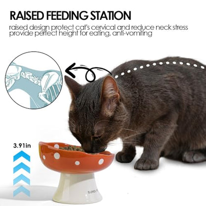 Red and Orange Mushroom Cat Bowl Set, 2PCS Elevated Ceramic Bowls for Cats | Cute Mushroom Set, Elevated, Ceramic, Whisker Friendly, Multi-Cat - color: Red+Orange