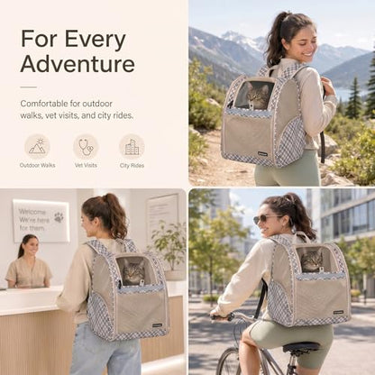 Cat Backpack Carrier for Small Dogs and Medium cat Puppy Kitten Bunny Pet Carrier Backpack Collapsible with Fully Ventilated Mesh with Safety Leash (Khaki, 12.9" L x 10.62" W x 15.5" H - M) - color: Khaki, size: Medium