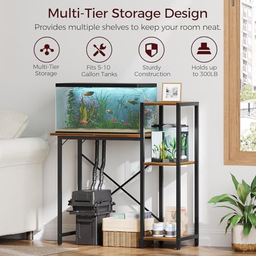 MAHANCRIS 5-10 Gallon Fish Tank Stand with 3-Tier Storage Shelf, Heavy Duty Aquarium Stand for Home Office, Metal Frame Turtle Reptile Terrarium Stand, 30.7"L x 12.6"W x 32.1"H, Rustic Brown FTHR5201 - color: Rustic Brown