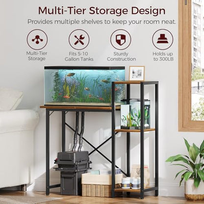 MAHANCRIS 5-10 Gallon Fish Tank Stand with 3-Tier Storage Shelf, Heavy Duty Aquarium Stand for Home Office, Metal Frame Turtle Reptile Terrarium Stand, 30.7"L x 12.6"W x 32.1"H, Rustic Brown FTHR5201 - color: Rustic Brown
