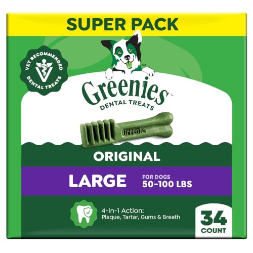 Greenies Large Natural Dental Dog Treats, Original Flavor, 34 Count | Veterinarian-recommended, cleaner teeth after 28 days, clean to gumline, for dogs 50-100 lbs, original chicken flavor - size: 34 Count (Pack of 1)