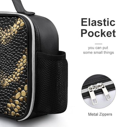 Snake Skin Pattern Insulated Lunch Bag PU 27x21x9cm | Makeup Storage Tote with Removable Handle and Mesh Side Pocket for Women Men Work Picnic Travel