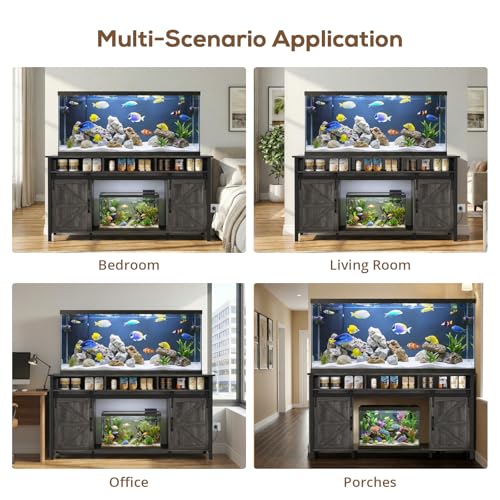 VOWNER 75-120 Gallon Fish Tank Stand with Power Outlet for 2 Tanks, Grey | Farmhouse Aquarium Stand with Storage Cabinet & Sliding Barn Doors, Heavy Duty Reptile Tank Stand, 1000LBS Capacity - color: Grey