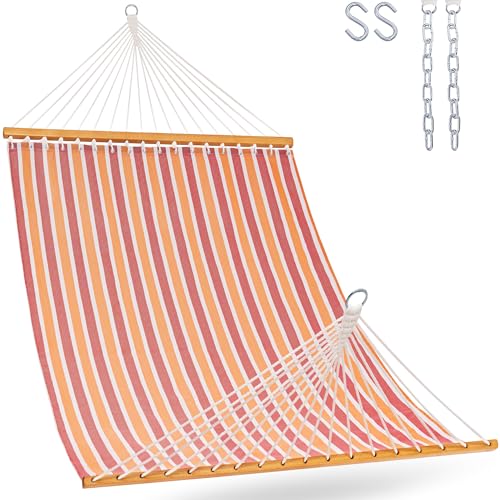 Lazy Daze Double Textliene Quick Dry Hammock with Spreader Bar for Outdoor | 11 Ft Hammock for 2 Person, Weather Resistant Fabric, 450 Lbs Capacity, Hammock Bed 78 x 55 In with Carabiners, Chains - color: Red Stripes