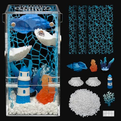 Jumping Spider Enclosure Starter Kit,Escape Proof Ocean Terrarium | Praying Mantis Terrariums,Transparent Acrylic Complete Bug Habitat,All In One Arboreal Tarantula Cribs Cage,Insect Container - color: Blue, size: Large