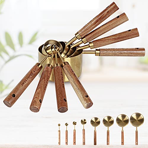 Collection 8 Piece Gold Measuring Cups Set and Measuring Spoons, Golden With fragrant wood Handles-Complete Set of Measure Cups and Spoons For Cooking and Baking.… - color: Gold