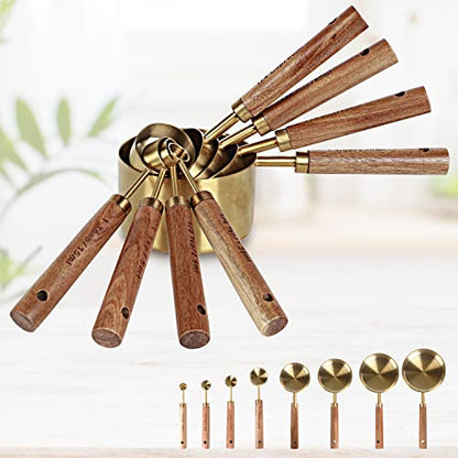Collection 8 Piece Gold Measuring Cups Set and Measuring Spoons, Golden With fragrant wood Handles-Complete Set of Measure Cups and Spoons For Cooking and Baking.… - color: Gold