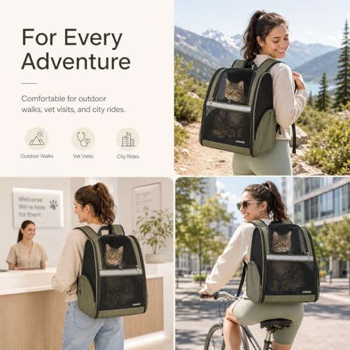Cat Backpack Carrier for Small Dogs and Medium cat Puppy Kitten Bunny Pet Carrier Backpack Collapsible with Fully Ventilated Mesh with Safety Leash (DarkGreen, 12.9" L x 10.62" W x 15.5" H - M) - color: DarkGreen, size: Medium