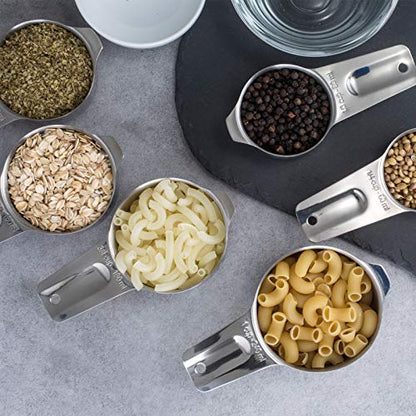 7-Piece 18/8 Stainless Steel Measuring Cups Set, Silver | Includes 1/16, 1/4, 1/3, 1/2, 2/3, 3/4 and 1 Cup, Engraved US and Metric Markings, Pour Spouts and Ring Connector - color: Silver, size: 7 Piece