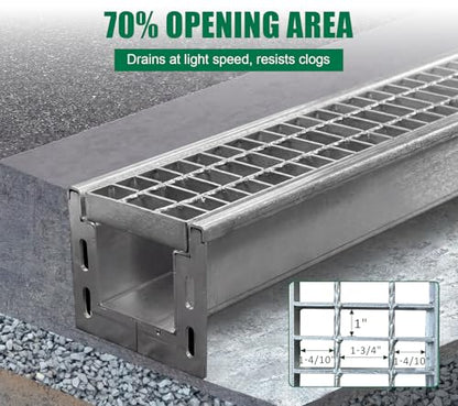 39.4x7.1x6.3in Stainless & Galvanized Steel Trench Drain | 304 B125 Driveway Heavy Duty Metal Channel Drainage System Durable Outdoor Garage Parking Lot Concrete Floor