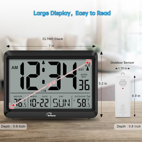 8.5'' Digital Atomic Clock with Indoor Outdoor Temp | Battery Operated Self-Setting Clock with Day and Date, 4 Time Zones, Auto DST, Suitable for Classroom, Office, Living Room - size: 8.5 INCH