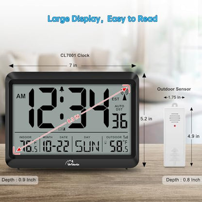 8.5'' Digital Atomic Clock with Indoor Outdoor Temp | Battery Operated Self-Setting Clock with Day and Date, 4 Time Zones, Auto DST, Suitable for Classroom, Office, Living Room - size: 8.5 INCH