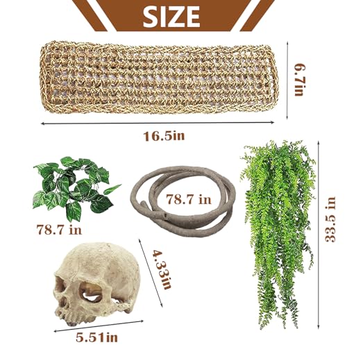 kathson Bearded Dragon Terrarium Skull Decoration, Reptile Tank Habitat Resin Human Skulls Hide Cave Hanging Vines Plants Accessories for Lizards Tortoise Chameleon Spider Reptiles Amphibians(4 PCS)