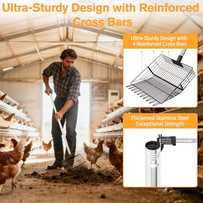 Reptilux Chicken Poop Scooper Adjustable Long Handle - Stainless Steel Sifter Shovel for Sand & Hemp Bedding - Metal Coop Scoop Rake - Chicken Accessories for Poultry, Dog & Cat Litter