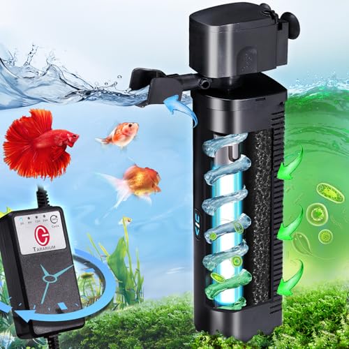 TARARIUM 40-150 Gal U-V Aquarium Filter for Fish Turtle Tank, Swivel Outlet | Bio Sponge+U-V Internal Filter, Clear Green Water, Auto-Timer, Aeration, Deodorize, Salt & Freshwater Crystal Clear, 264GPH - size: WP-590F (40-150 Gal)
