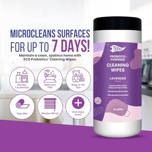 TEEM Probiotic Cleaning Wipes, Natural & Compostable, Lavender - 6 Pack | Microcleans Surfaces, Multi Surface Wipe, Home Compostable, Biodegradable, Enzyme Cleaner, Gym Wipe - size: 30 Count (Pack of 6)