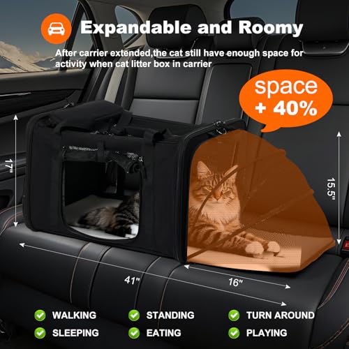 pidipiti 25x17x17 Extra-Large Expandable cat Carrier for car Road Travel | for 1 Extra-Large cat/2 Large /3 Medium Cats up to 35 lbs,large cage kennel for long road trip,zipper lock,good Visibility - size: 25.5"L x 17.0"W x 17.0"H