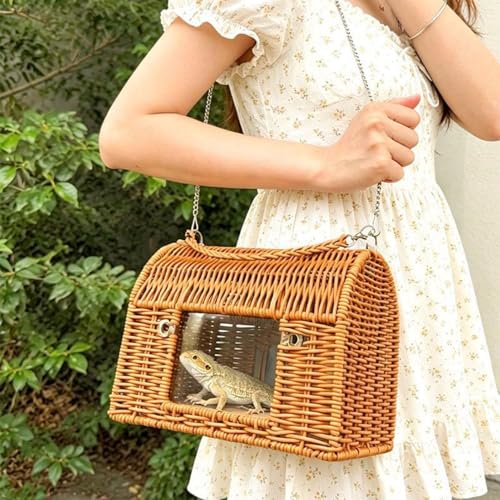 Reptile Carrier with Handle Sleeping House | All Season Washable Rattan Bird Carrier Travel Cage for Lizard Leopard Gecko Spider Tortoise Snake Bunny
