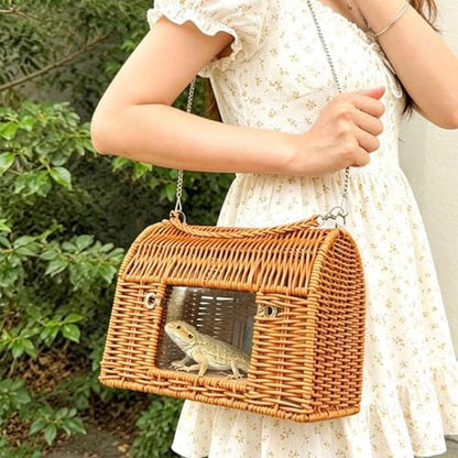 Reptile Carrier with Handle Sleeping House | All Season Washable Rattan Bird Carrier Travel Cage for Lizard Leopard Gecko Spider Tortoise Snake Bunny
