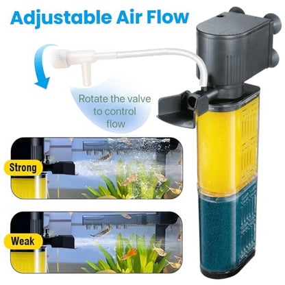 3-in-1 Aquarium Filter for 30-100 Gallons Fish & Turtle Tank Filter | Bio-Sponge Filter 18W 400GPH Quiet Submersible Pump, Easy Clean & Install, Adjustable Bubbles for Aeration, Water Circulation