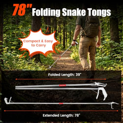 78 Inch Snake Grabber Heavy Duty, Folding Snake Grabber Tool, Snake Tong Grabber is Made of Stainless Steel, Which is Resistant to Corrosion and Rust