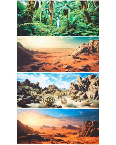 4 Pcs 24 x 11.8 Inch Reptile Habitat Background with Nano Glue Gobi Sun Cactus Stone and Green Tree Fern Stream Terrarium Background Polyester Durable Aquarium Accessories - color: Style1, size: 24 x 11.8 Inch